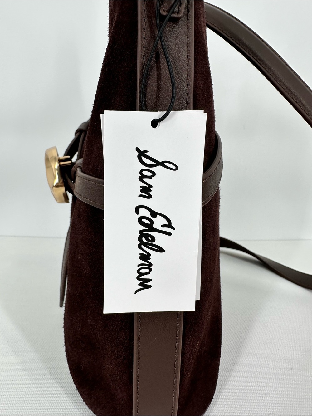 NWT Sam Edelman Cowhide Leather Suede Crossbody Chocolate Brown Bucket Tote Bag - Picture 14 of 16